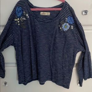 navy blue and white striped long sleeve shirt.